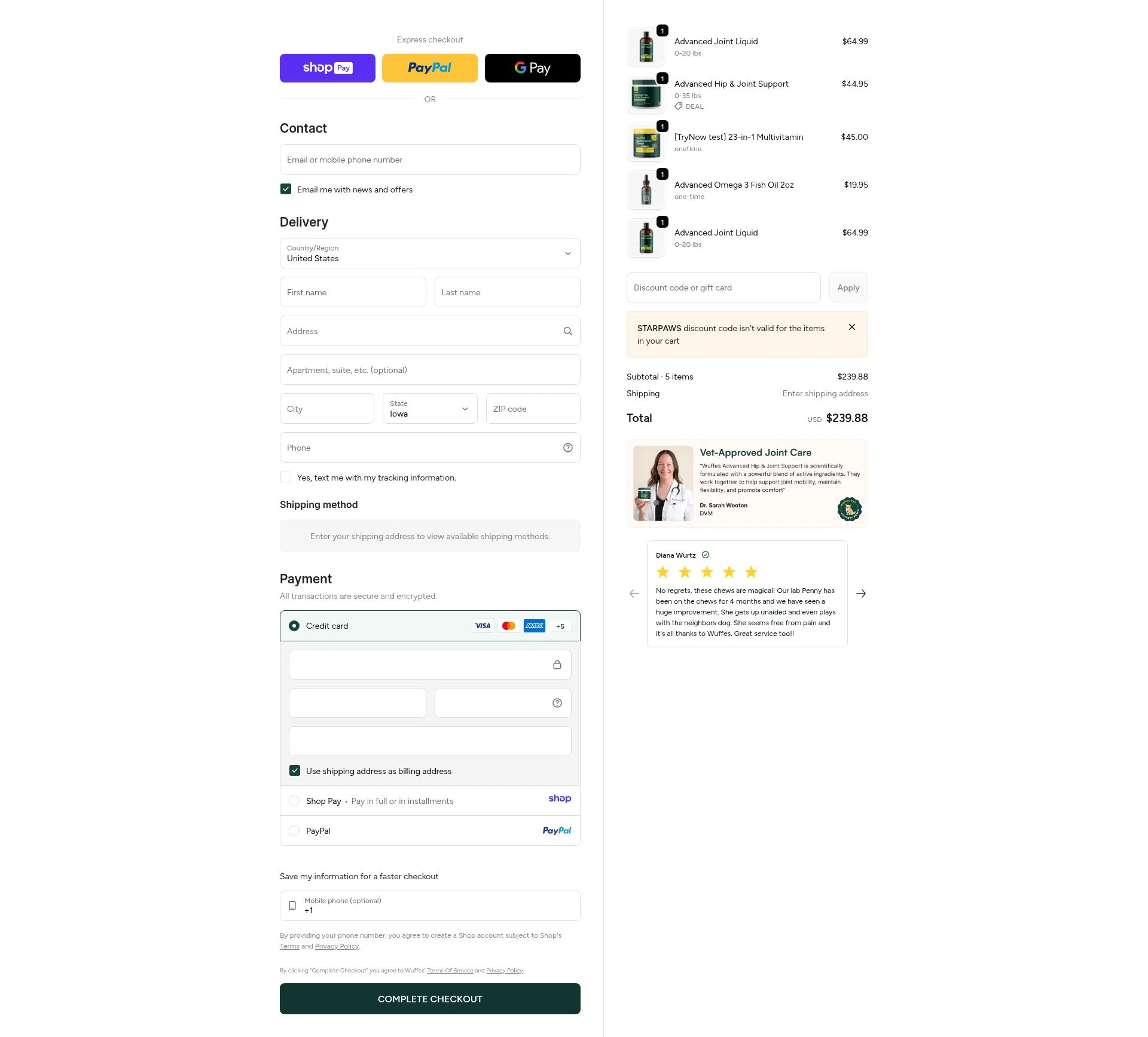 Wuffes checkout page showing Wuffes discount code box | Screenshot taken by SimplyCodes community member on Jan 11, 2026