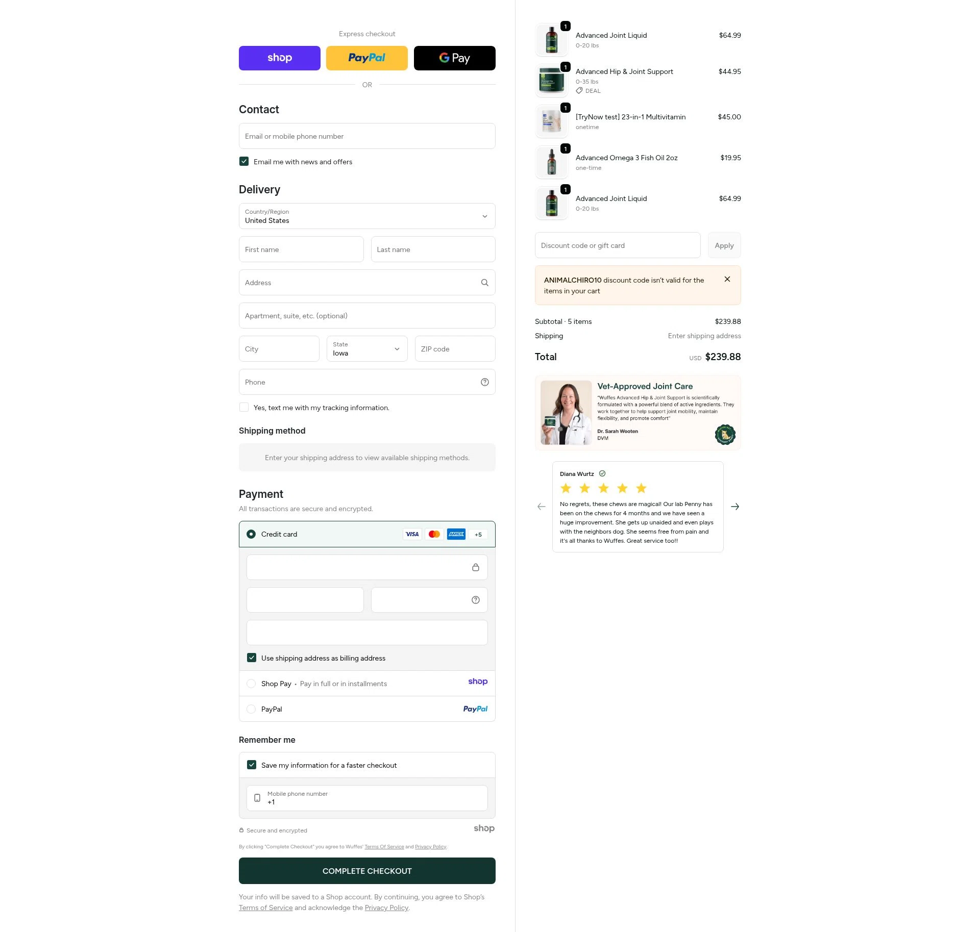 Wuffes checkout page showing Wuffes discount code box | Screenshot taken by SimplyCodes community member on Jan 5, 2026