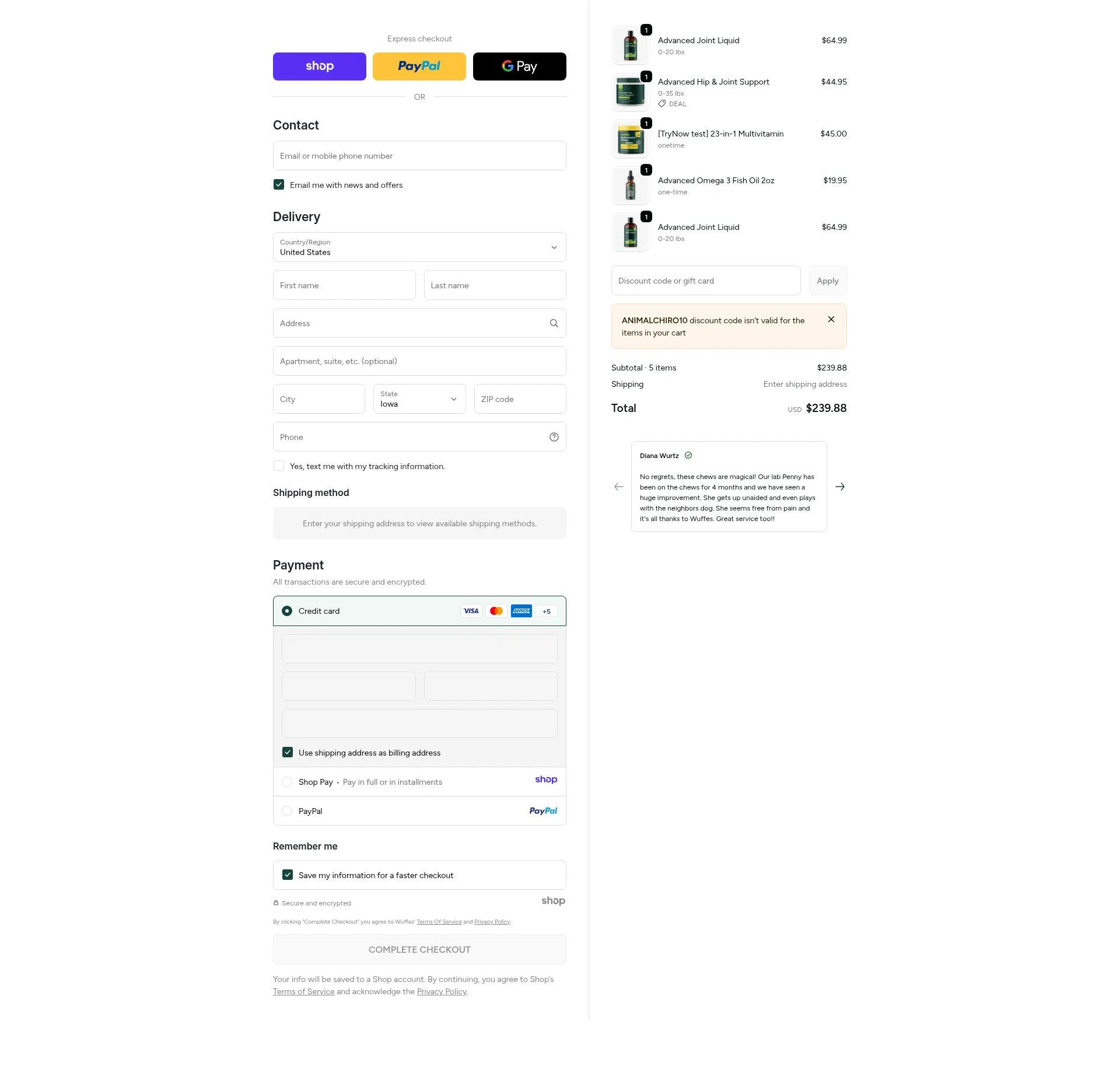 Wuffes checkout page showing Wuffes discount code box | Screenshot taken by SimplyCodes community member on Jan 9, 2026