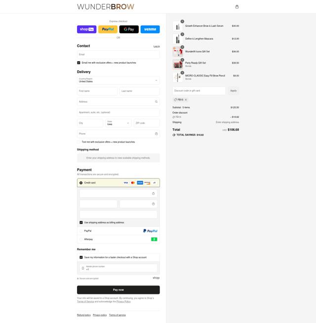 WUNDERBROW checkout page showing WUNDERBROW coupon code box | Screenshot taken by SimplyCodes community member on Jul 29, 2025
