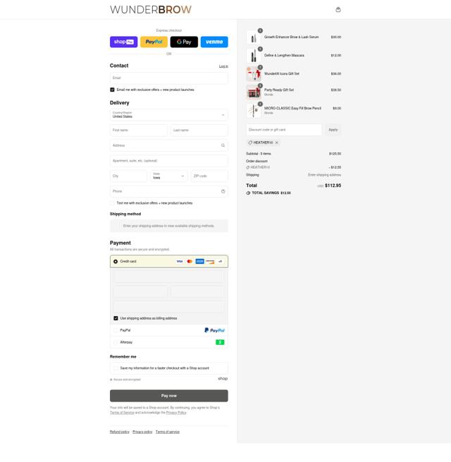 WUNDERBROW checkout page showing WUNDERBROW coupon code box | Screenshot taken by SimplyCodes community member on Jul 29, 2025
