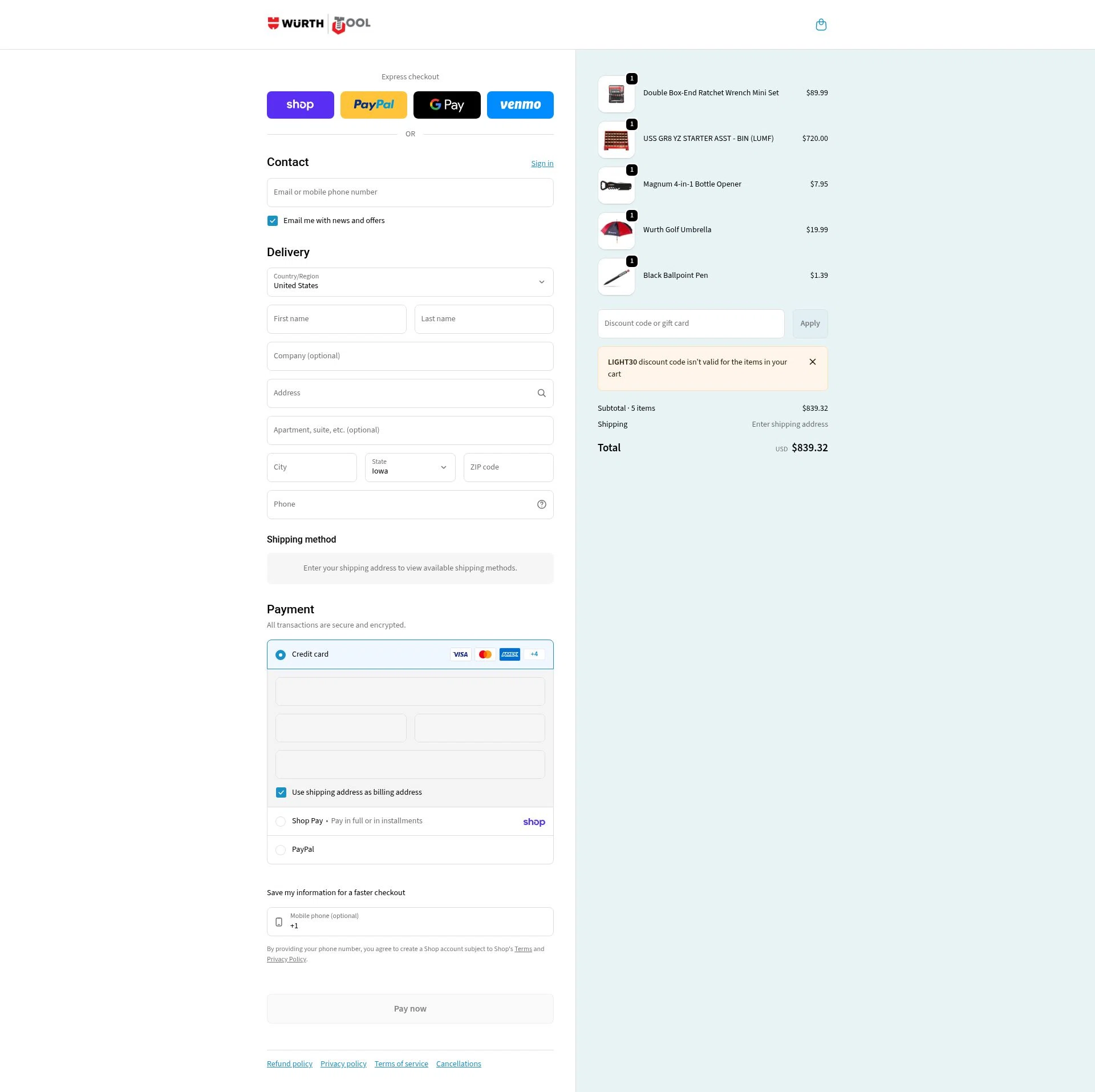 Wurth Tools checkout page showing Wurth Tools promo code box | Screenshot taken by SimplyCodes community member on Feb 5, 2026