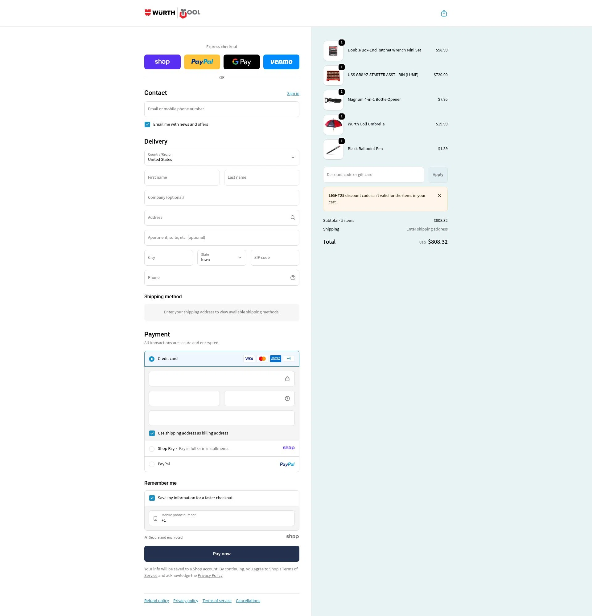 Wurth Tools checkout page showing Wurth Tools promo code box | Screenshot taken by SimplyCodes community member on Jan 8, 2026