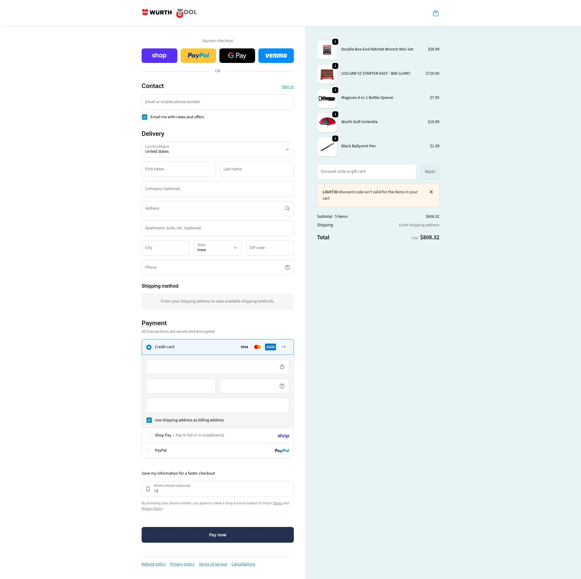 Wurth Tools checkout page showing Wurth Tools promo code box | Screenshot taken by SimplyCodes community member on Feb 1, 2026