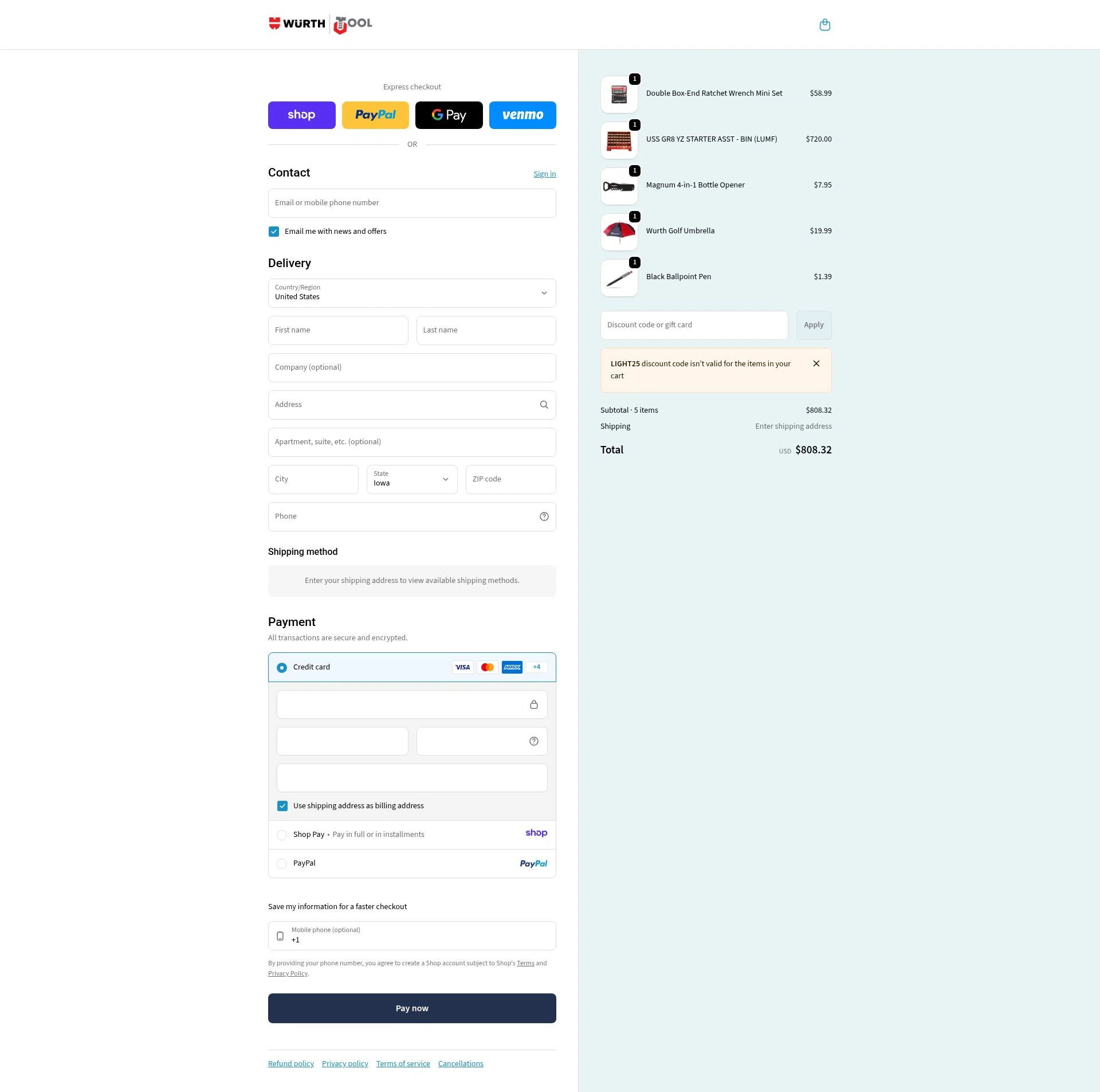 Wurth Tools checkout page showing Wurth Tools promo code box | Screenshot taken by SimplyCodes community member on Jan 13, 2026