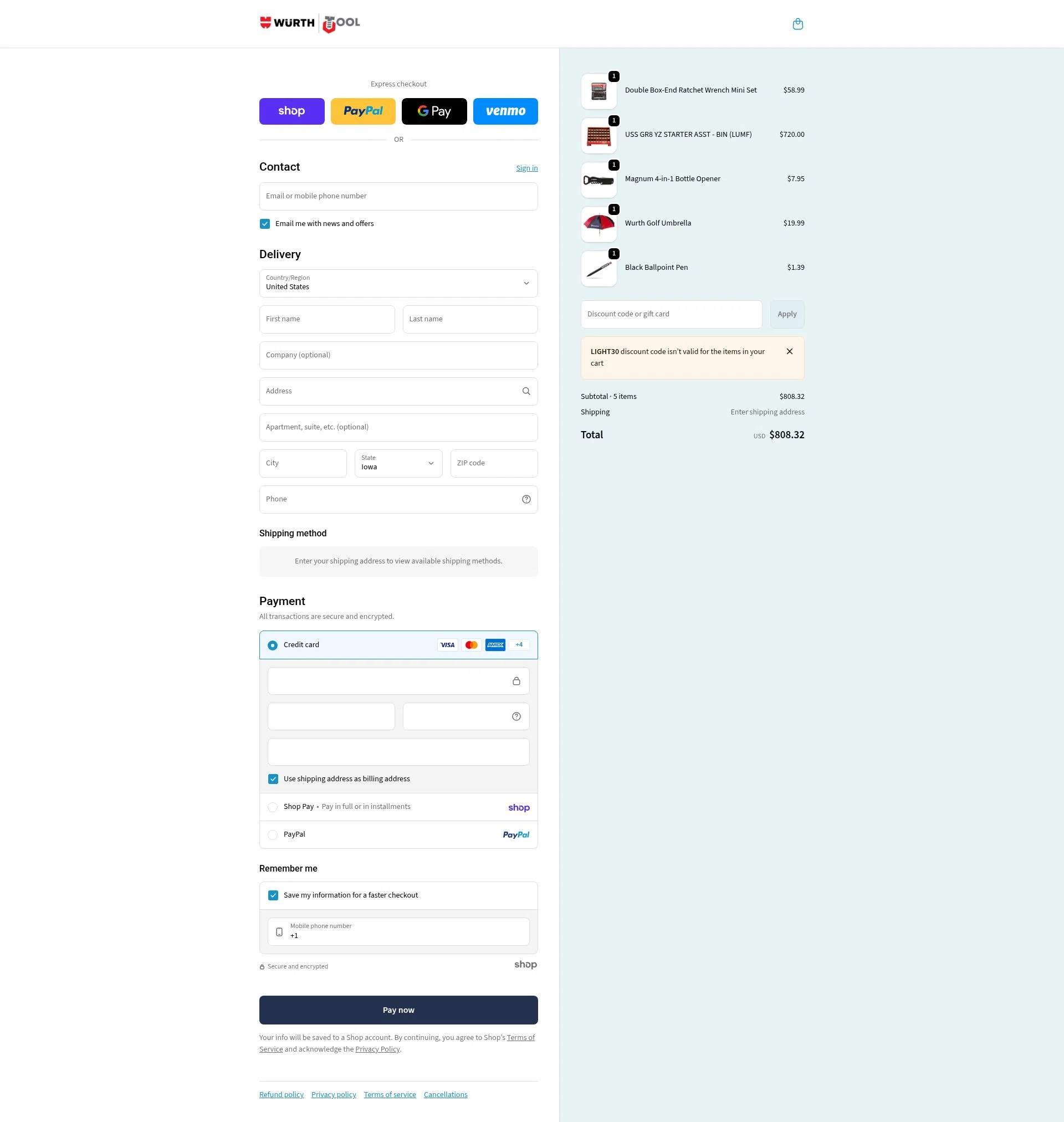 Wurth Tools checkout page showing Wurth Tools promo code box | Screenshot taken by SimplyCodes community member on Jan 23, 2026