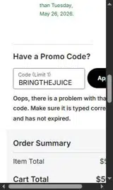 BRINGTHEJUICE coupon verification screenshot