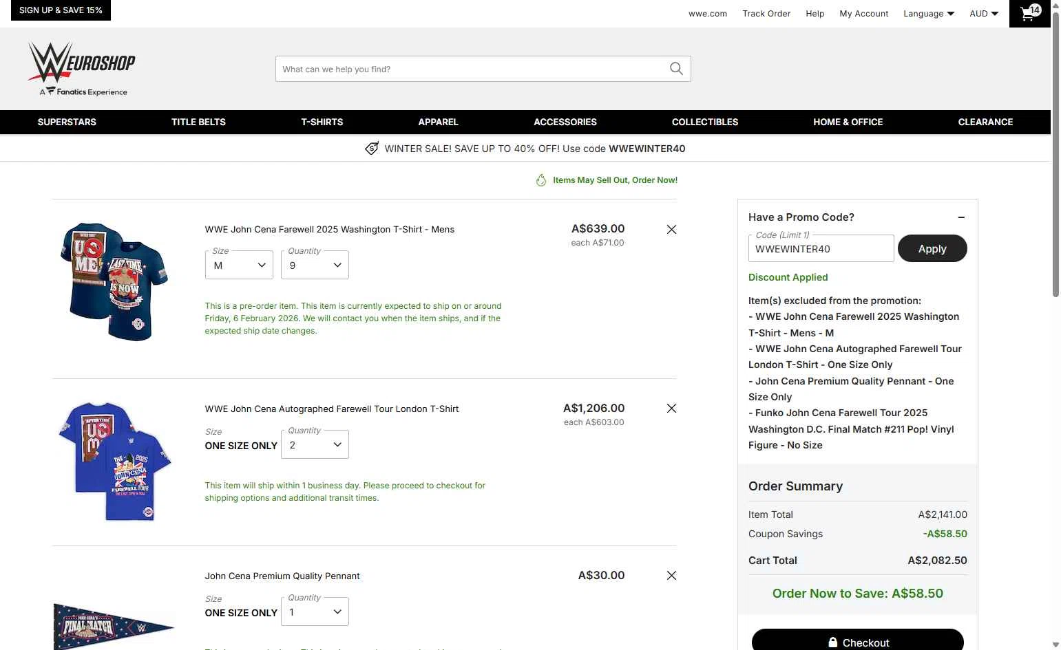 WWE Euroshop checkout page showing WWE Euroshop promo code box | Screenshot taken by SimplyCodes community member on Dec 24, 2025