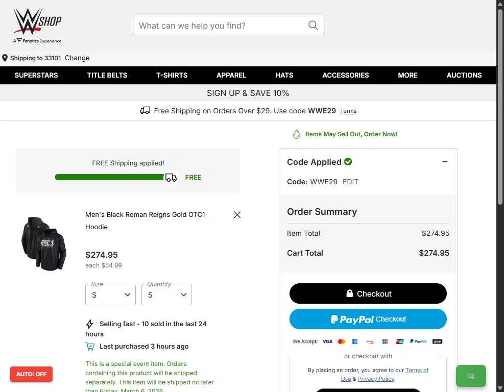 WWE Euroshop checkout page showing WWE Euroshop promo code box | Screenshot taken by SimplyCodes community member on Feb 6, 2026