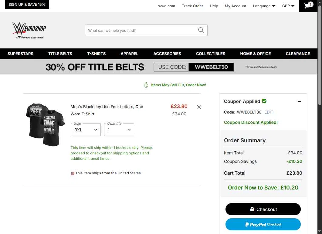WWE Euroshop checkout page showing WWE Euroshop promo code box | Screenshot taken by SimplyCodes community member on Nov 10, 2025