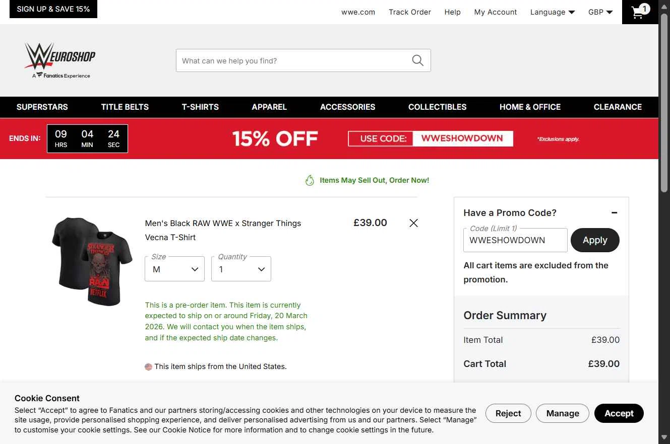 WWE Euroshop checkout page showing WWE Euroshop promo code box | Screenshot taken by SimplyCodes community member on Jan 13, 2026