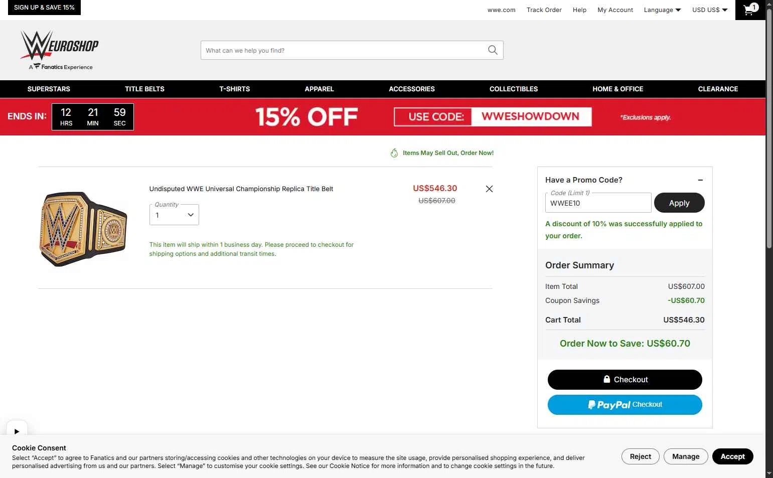 WWE Euroshop checkout page showing WWE Euroshop promo code box | Screenshot taken by SimplyCodes community member on Jan 13, 2026