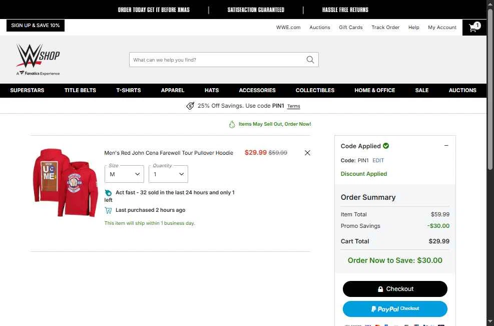 WWE Euroshop checkout page showing WWE Euroshop promo code box | Screenshot taken by SimplyCodes community member on Dec 9, 2025