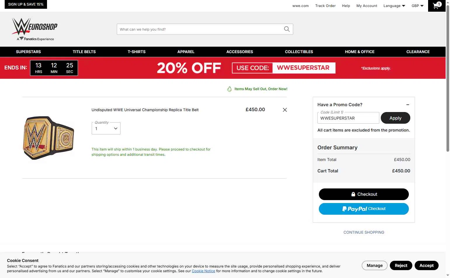 WWE Euroshop checkout page showing WWE Euroshop promo code box | Screenshot taken by SimplyCodes community member on Feb 8, 2026