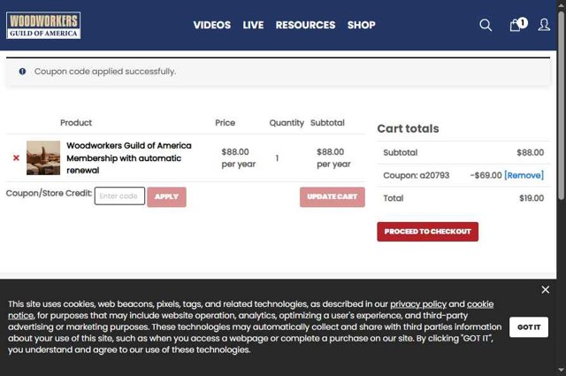 WoodWorkers Guild Of America checkout page showing WoodWorkers Guild Of America coupon code box | Screenshot taken by SimplyCodes community member on Sep 1, 2025