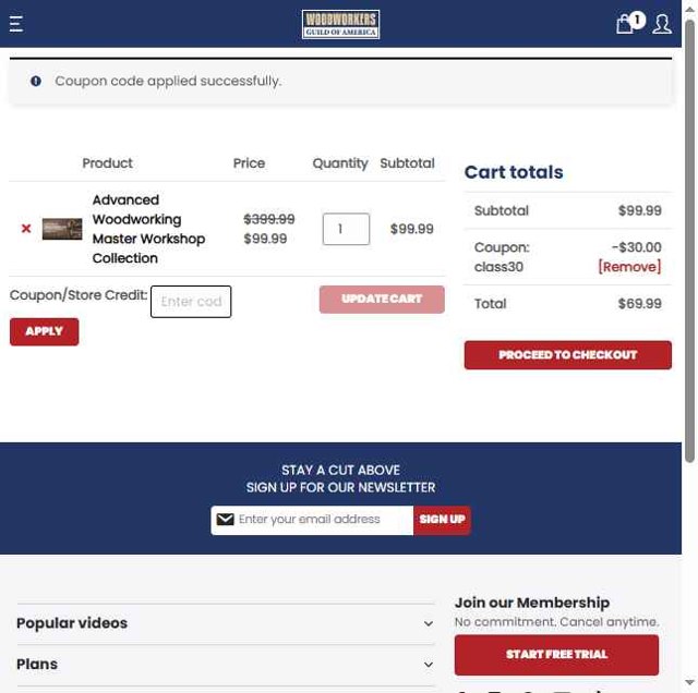 WoodWorkers Guild Of America checkout page showing WoodWorkers Guild Of America coupon code box | Screenshot taken by SimplyCodes community member on May 27, 2025