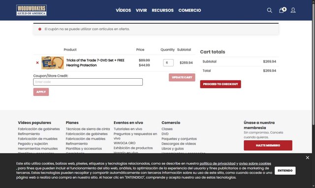 WoodWorkers Guild Of America checkout page showing WoodWorkers Guild Of America coupon code box | Screenshot taken by SimplyCodes community member on Sep 1, 2025