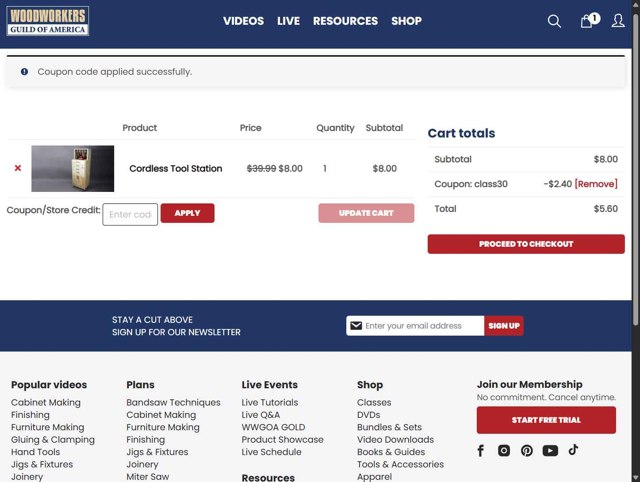 WoodWorkers Guild Of America checkout page showing WoodWorkers Guild Of America coupon code box | Screenshot taken by SimplyCodes community member on May 27, 2025