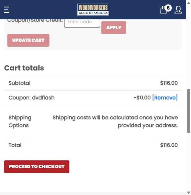 WoodWorkers Guild Of America checkout page showing WoodWorkers Guild Of America coupon code box | Screenshot taken by SimplyCodes community member on Aug 29, 2025
