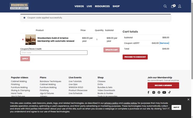 WoodWorkers Guild Of America checkout page showing WoodWorkers Guild Of America coupon code box | Screenshot taken by SimplyCodes community member on Sep 1, 2025