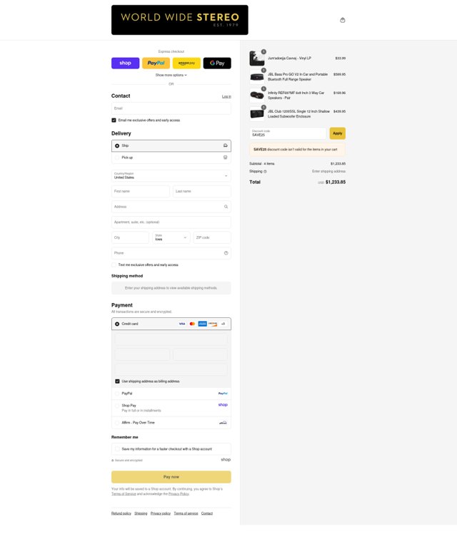WorldWideStereo checkout page showing WorldWideStereo promo code box | Screenshot taken by SimplyCodes community member on Sep 4, 2025