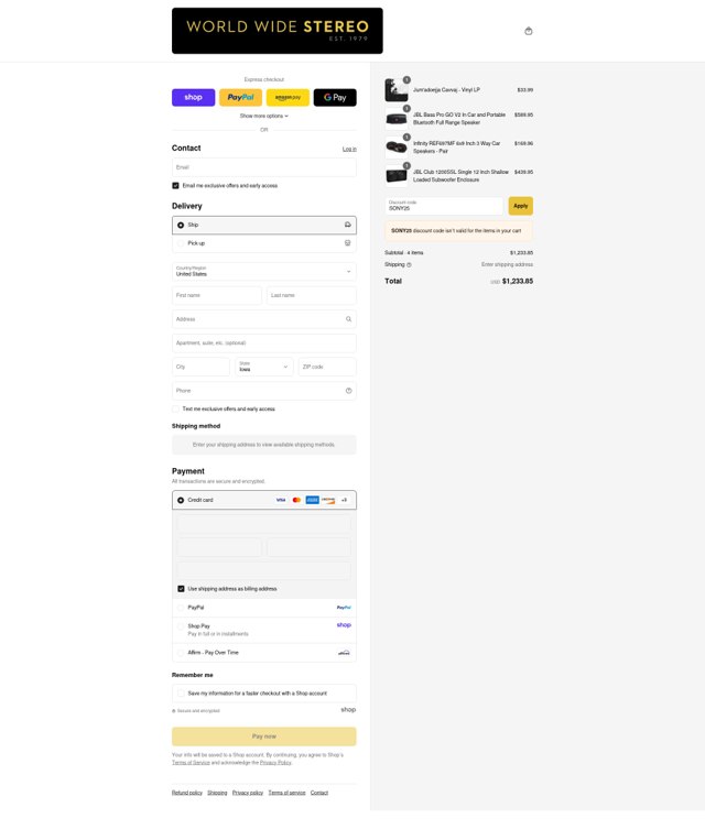 WorldWideStereo checkout page showing WorldWideStereo promo code box | Screenshot taken by SimplyCodes community member on Sep 4, 2025