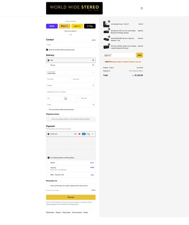 WorldWideStereo checkout page showing WorldWideStereo promo code box | Screenshot taken by SimplyCodes community member on Aug 31, 2025