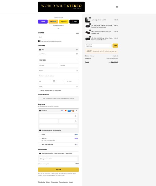 WorldWideStereo checkout page showing WorldWideStereo promo code box | Screenshot taken by SimplyCodes community member on Sep 4, 2025