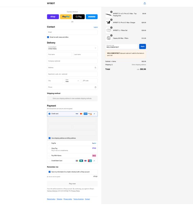 WYBOT checkout page showing WYBOT coupon code box | Screenshot taken by SimplyCodes community member on Sep 2, 2025