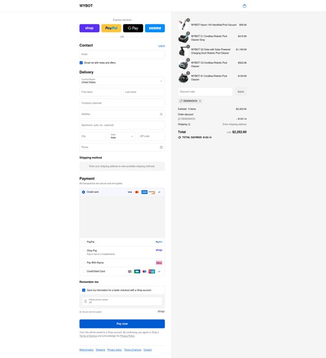 WYBOT checkout page showing WYBOT coupon code box | Screenshot taken by SimplyCodes community member on Sep 6, 2025
