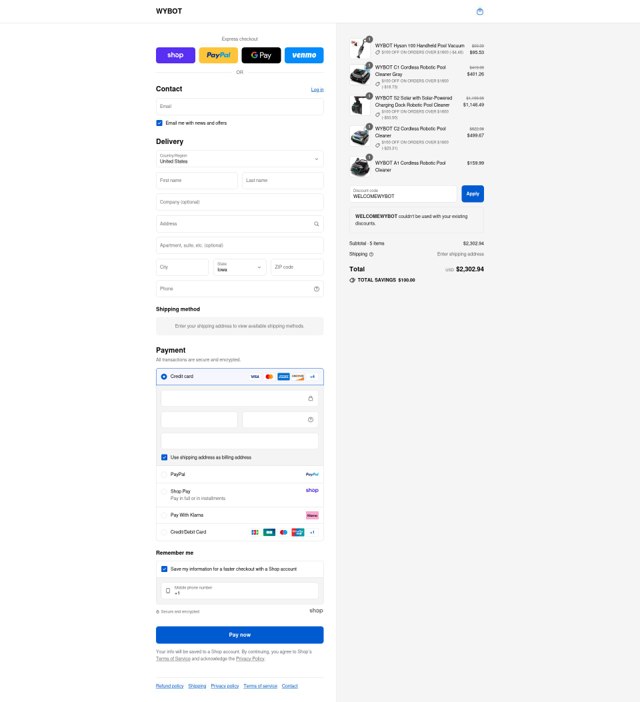WYBOT checkout page showing WYBOT coupon code box | Screenshot taken by SimplyCodes community member on Sep 6, 2025
