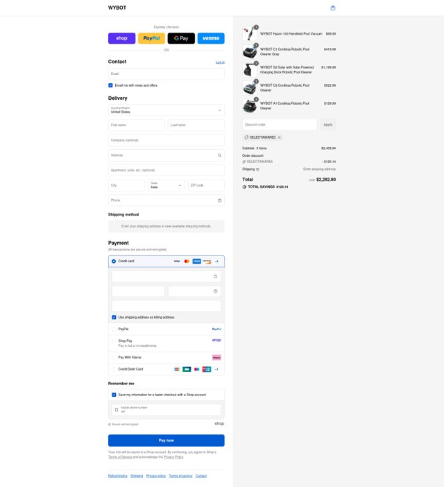 WYBOT checkout page showing WYBOT coupon code box | Screenshot taken by SimplyCodes community member on Sep 6, 2025