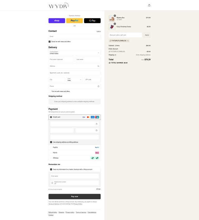 Wydr Studios checkout page showing Wydr Studios discount code box | Screenshot taken by SimplyCodes community member on Sep 8, 2025