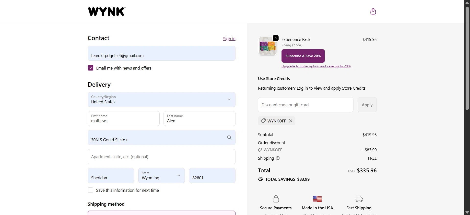 WYNK promo code screenshot showing code WYNKOFF applied at WYNK checkout page. Uploaded by SimplyCodes community member GloriousHero3972 on Jun 3, 2026