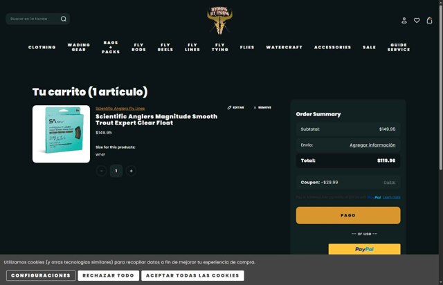 Wyoming Fly Fishing checkout page showing Wyoming Fly Fishing promo code box | Screenshot taken by SimplyCodes community member on Aug 29, 2025