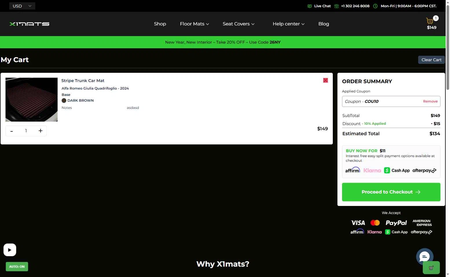 X1Mats checkout page showing X1Mats promo code box | Screenshot taken by SimplyCodes community member on Jan 14, 2026