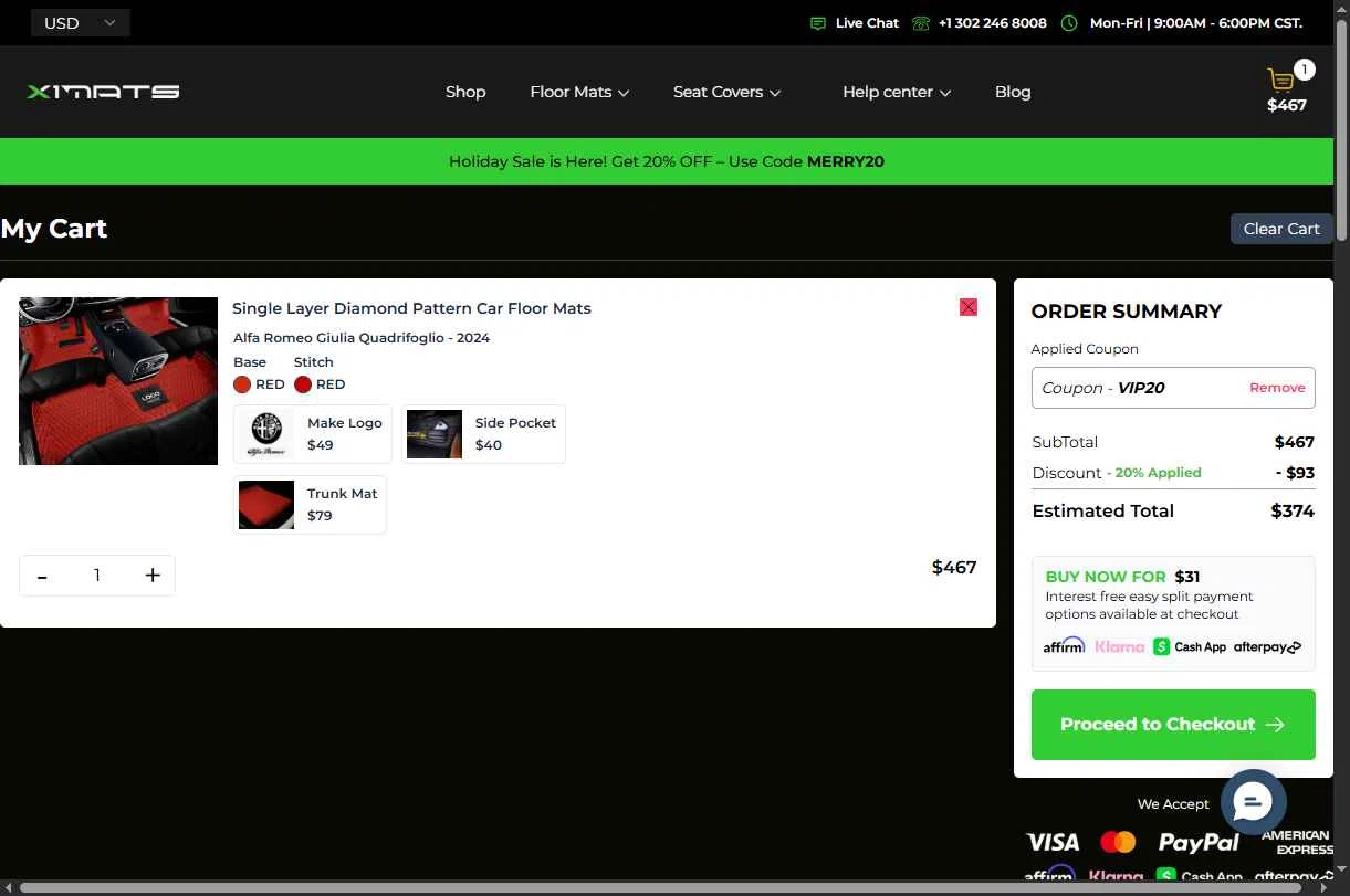 X1Mats checkout page showing X1Mats promo code box | Screenshot taken by SimplyCodes community member on Dec 24, 2025