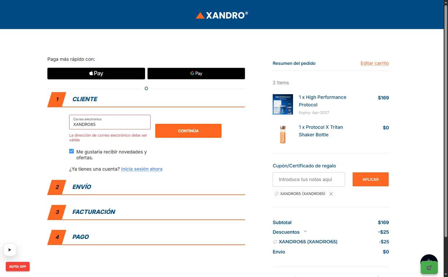 Xandro Lab checkout page showing Xandro Lab promo code box | Screenshot taken by SimplyCodes community member on Jan 10, 2026