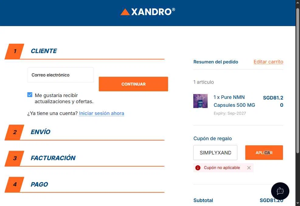 Xandro Lab checkout page showing Xandro Lab promo code box | Screenshot taken by SimplyCodes community member on Jan 4, 2026