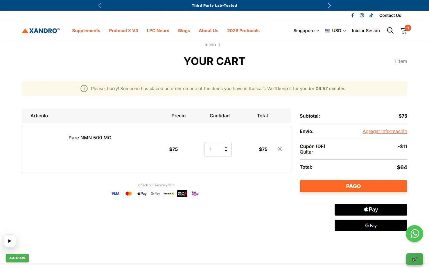 Xandro Lab checkout page showing Xandro Lab promo code box | Screenshot taken by SimplyCodes community member on Jan 11, 2026