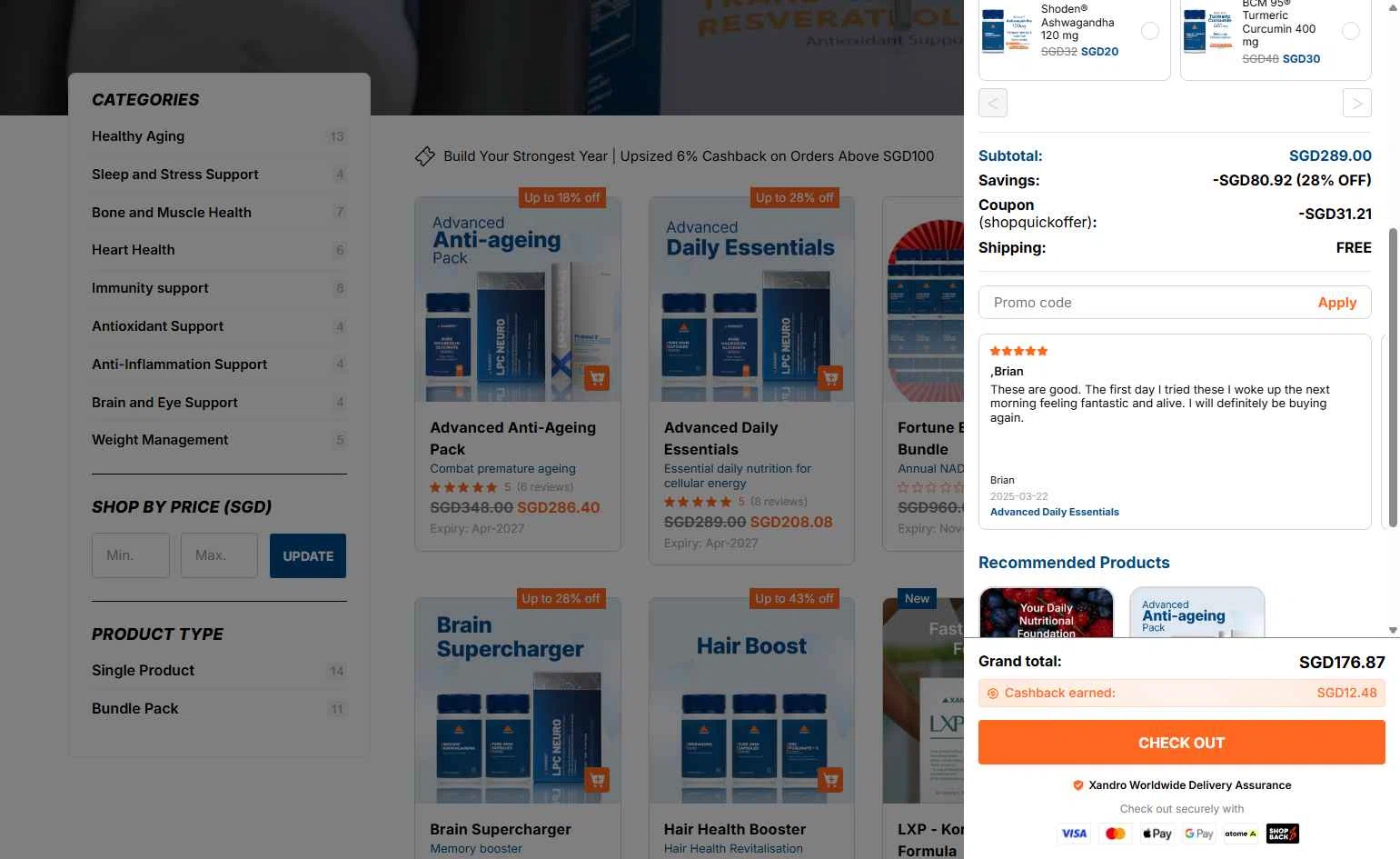 Xandro Lab checkout page showing Xandro Lab promo code box | Screenshot taken by SimplyCodes community member on Jan 8, 2026