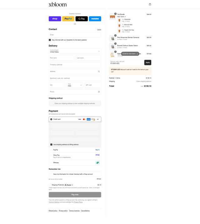 xBloom checkout page showing xBloom coupon code box | Screenshot taken by SimplyCodes community member on Sep 3, 2025