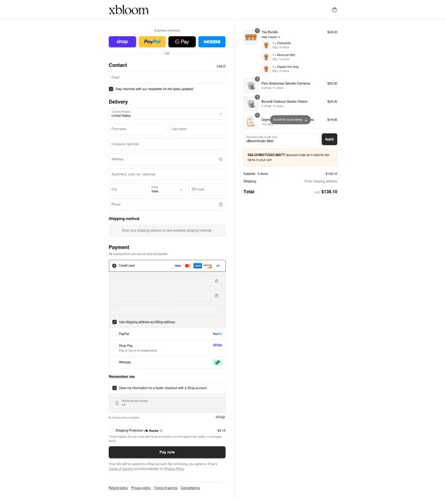 xBloom checkout page showing xBloom coupon code box | Screenshot taken by SimplyCodes community member on Sep 3, 2025