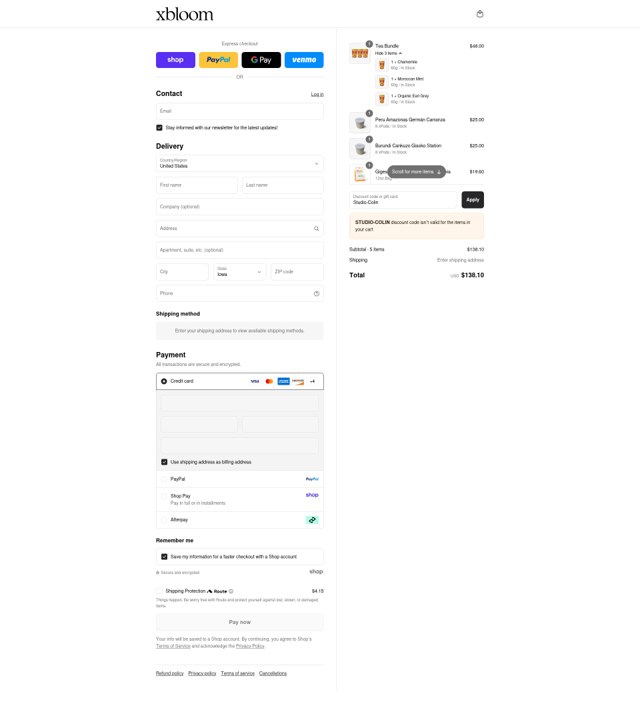 xBloom checkout page showing xBloom coupon code box | Screenshot taken by SimplyCodes community member on Sep 3, 2025