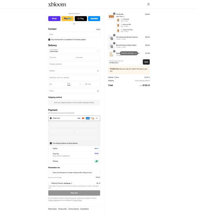 xBloom checkout page showing xBloom coupon code box | Screenshot taken by SimplyCodes community member on Sep 3, 2025