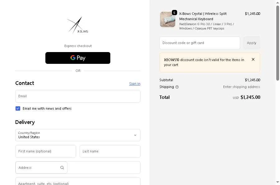X-Bows checkout page showing X-Bows promo code box | Screenshot taken by SimplyCodes community member on Feb 14, 2026