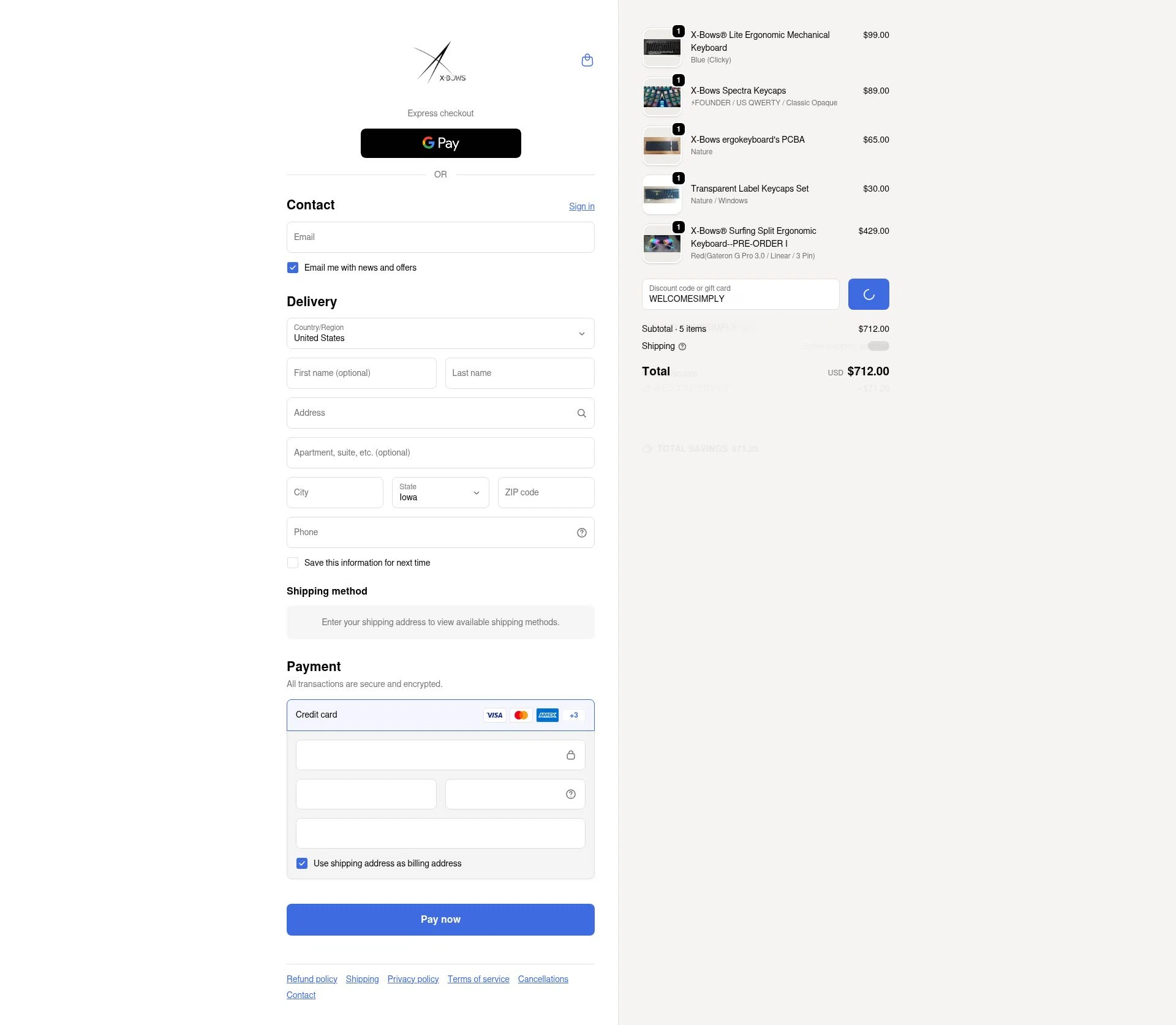 X-Bows checkout page showing X-Bows promo code box | Screenshot taken by SimplyCodes community member on Feb 14, 2026