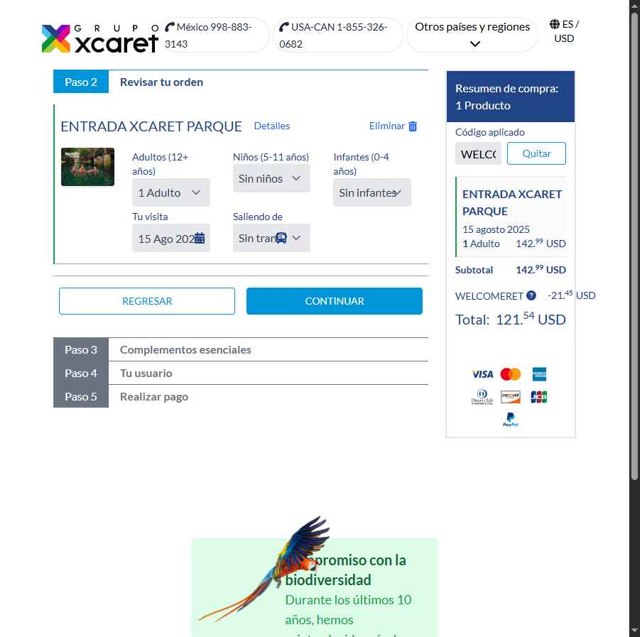 Xcaret.com checkout page showing Xcaret.com promo code box | Screenshot taken by SimplyCodes community member on Aug 8, 2025