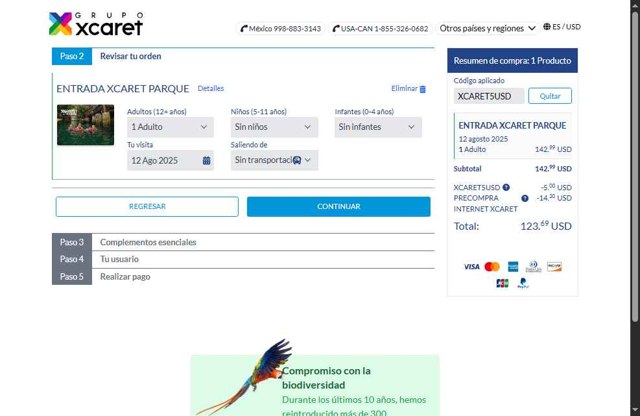 Xcaret.com checkout page showing Xcaret.com promo code box | Screenshot taken by SimplyCodes community member on Aug 5, 2025