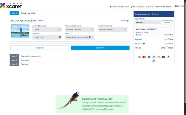 Xcaret.com checkout page showing Xcaret.com promo code box | Screenshot taken by SimplyCodes community member on Aug 18, 2025